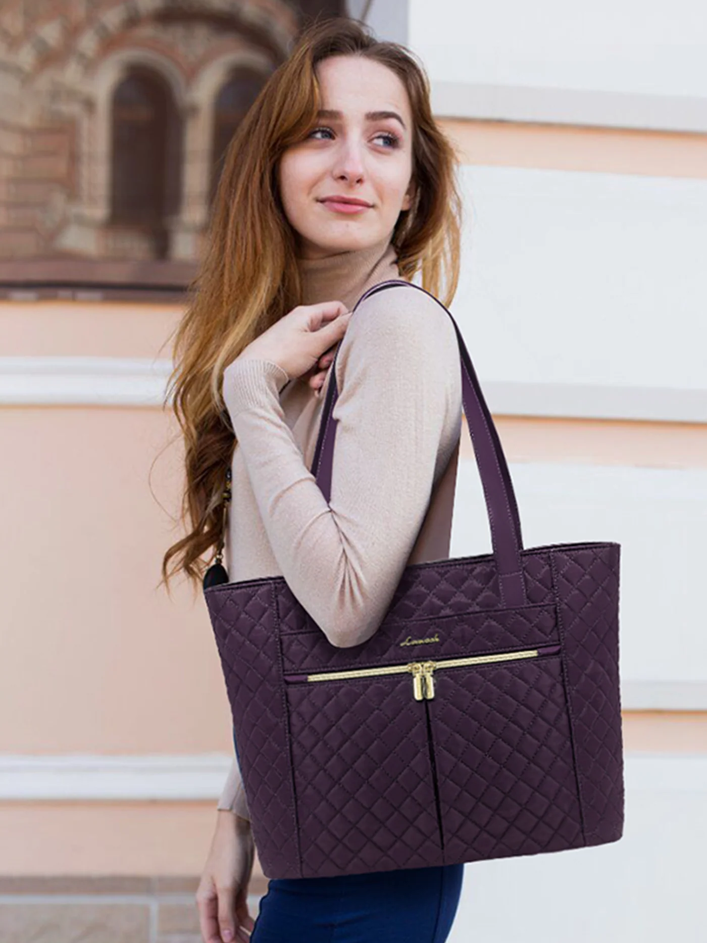 2Pcs Diamond Quilted Tote Bag, 15.6" 17" - Image 2