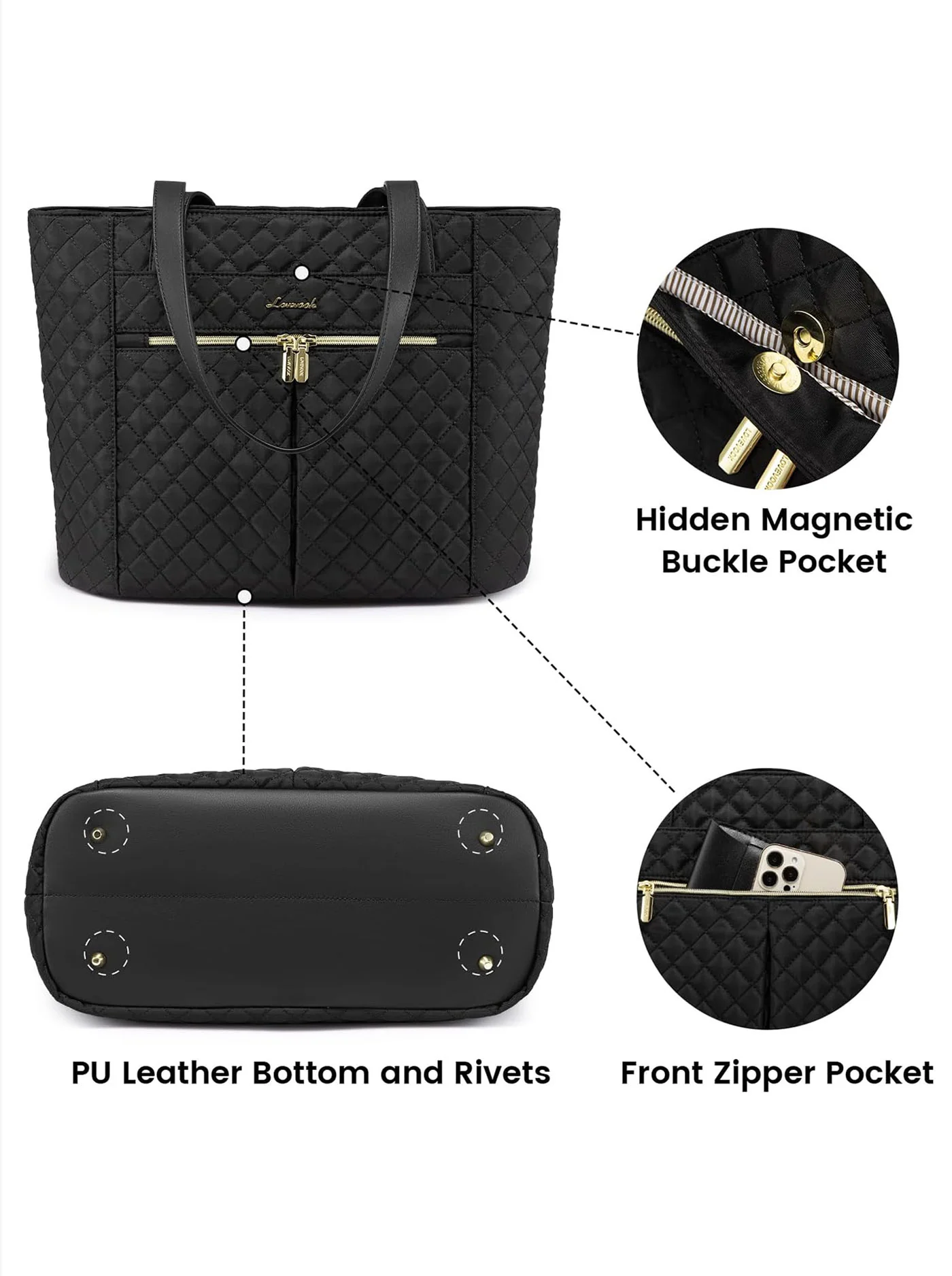 2Pcs Diamond Quilted Tote Bag, 15.6" 17" - Image 7