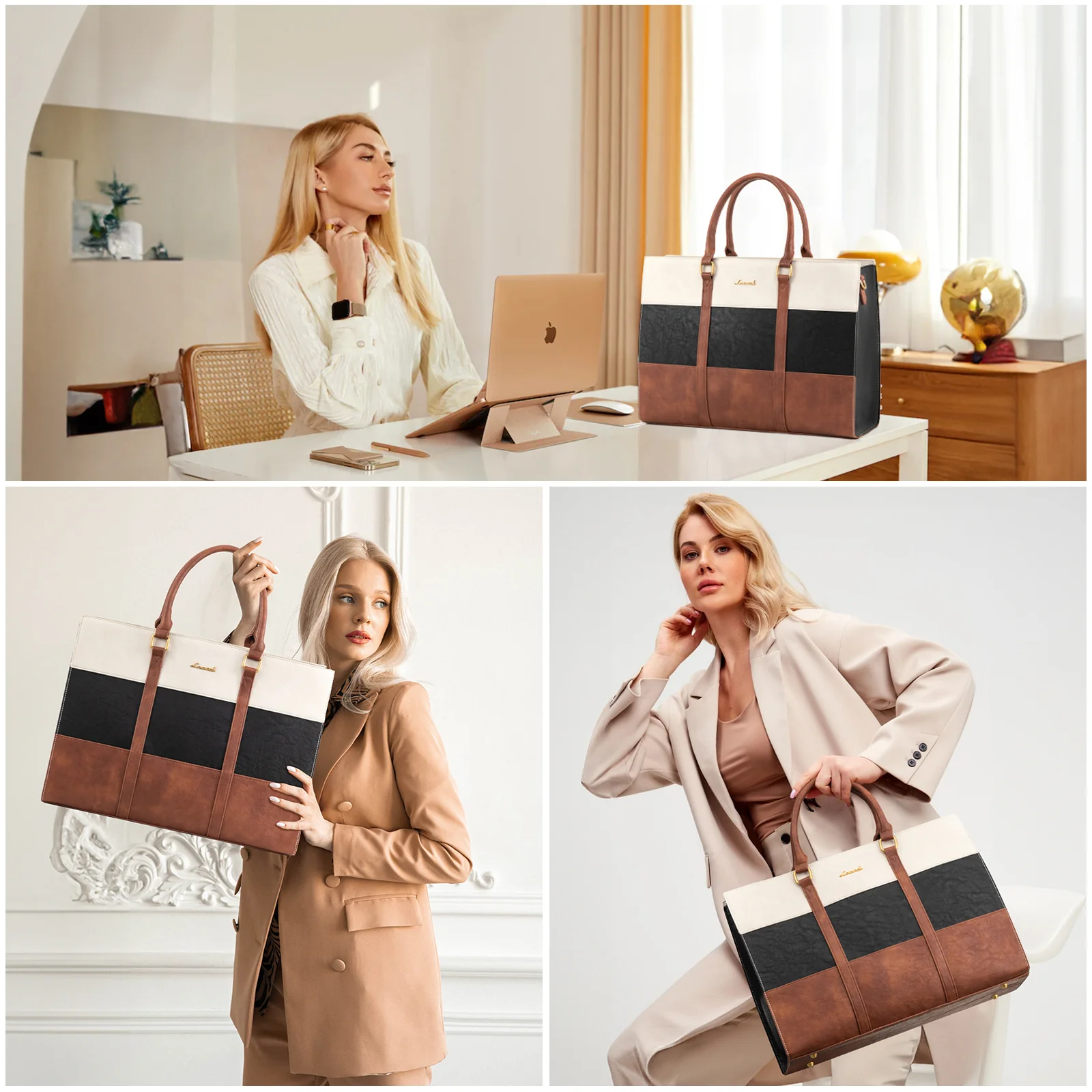 2Pcs Elegant Colorblock Tote Bag, 15.6" - Image 8