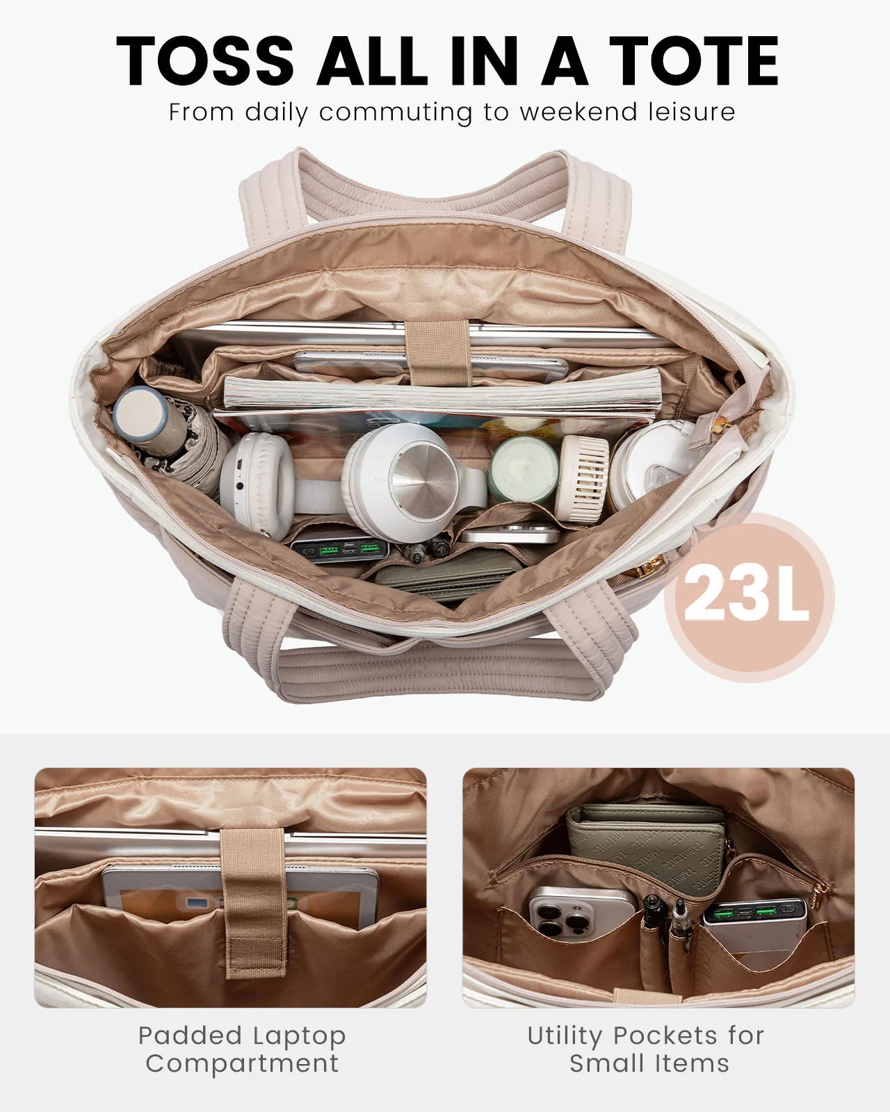2Pcs Multi-pocket Puffer Tote Bag, 15.6" 17.3" - Image 3