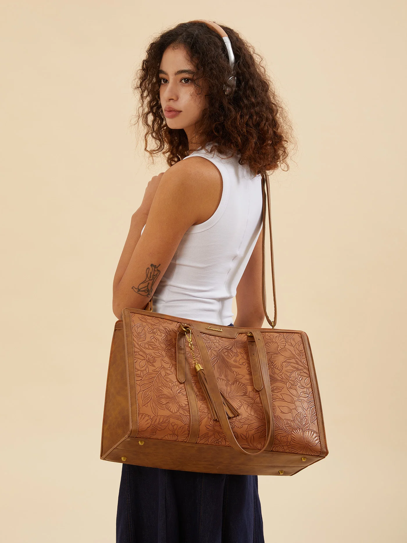 Vintage Embossed Leather Laptop Tote, 15.6" 17.3" - Image 12