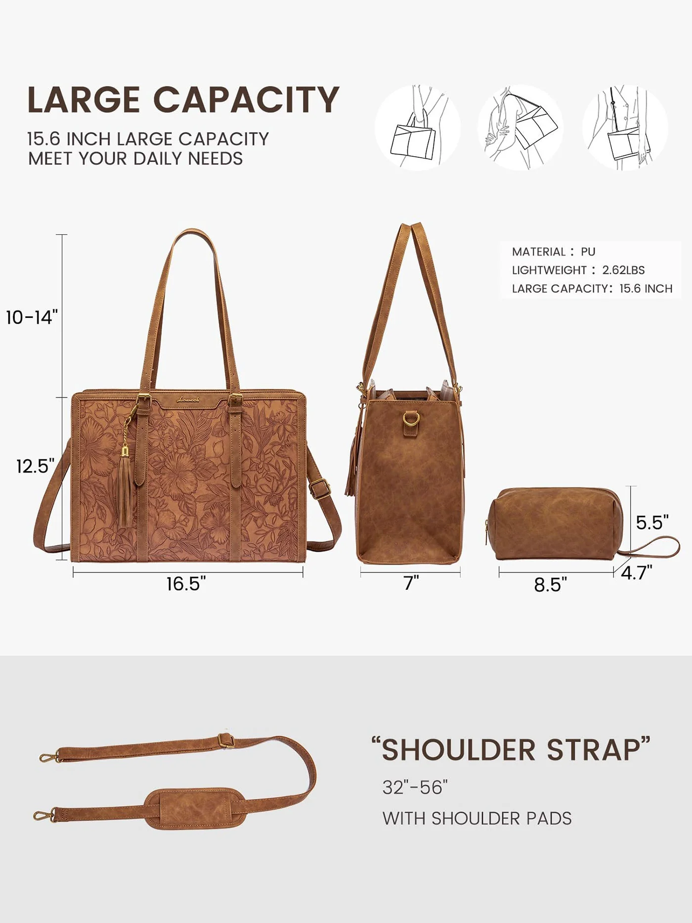 Vintage Embossed Leather Laptop Tote, 15.6" 17.3" - Image 3