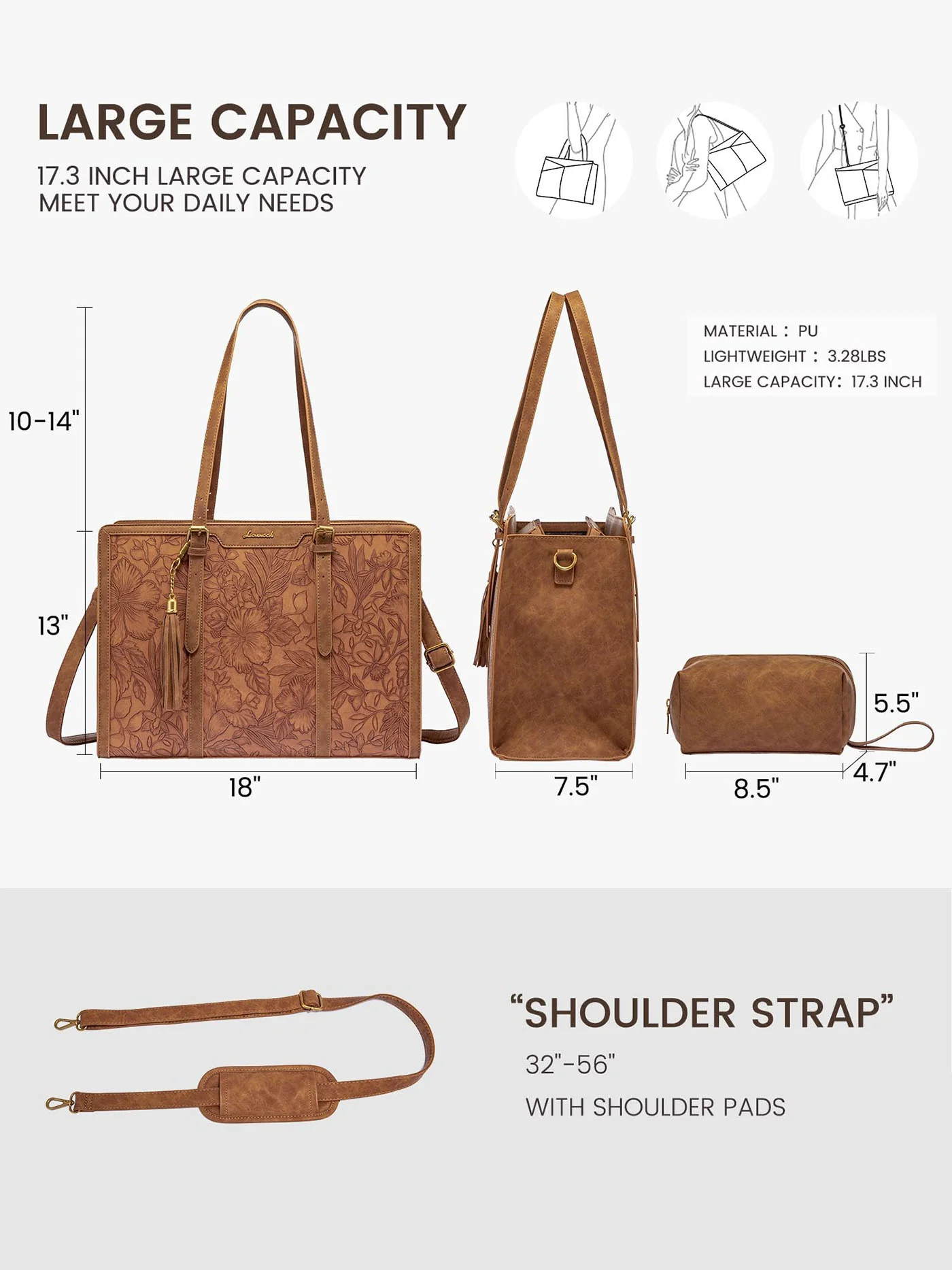 Vintage Embossed Leather Laptop Tote, 15.6" 17.3" - Image 4