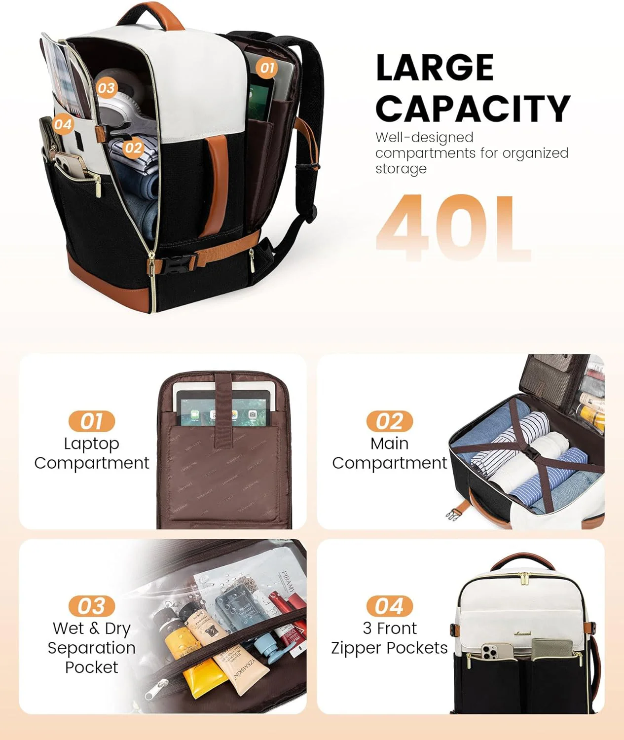 4Pcs Travel Backpack, 40L - Image 3